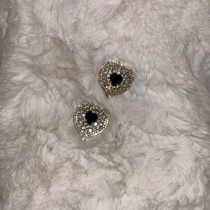 Gold Rhinestone Heart Earrings with Black Center • Statement Glam Earrings